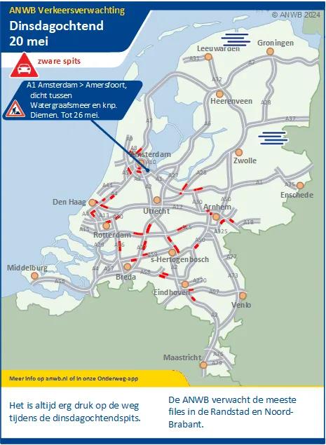 Verkeersverwachting dinsdagochtend 20 mei: Een drukke / zware spits. Meeste vertraging in de Randstad en Noord-Brabant.