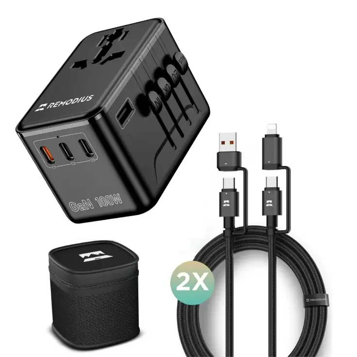 Remodius Wereldstekker PRO + 2× UniCharge Kabel