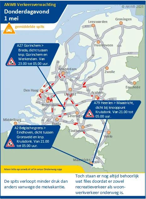 Verkeersverwachting donderdagmiddag / -avond 1 mei: Een gemiddelde spits. Files door woon-werk- en recreatieverkeer.