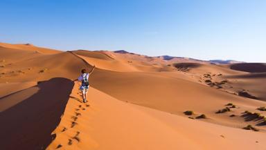 Tourist walking on the scenic dunes of Sossusvlei, Namib desert, Namib Naukluft National Park, Namibia. Afternoon light. Adventure and exploration in Africa.