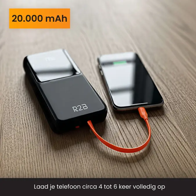 R2B Powerbank 20000 mAh met Ingebouwde Kabels
