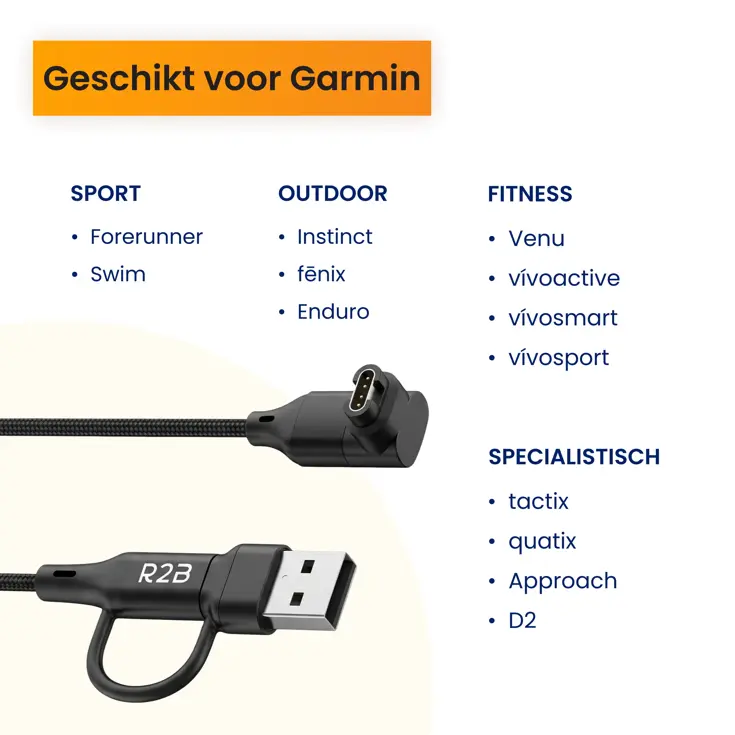 Oplaadkabel geschikt voor Garmin Horloge - 2 m