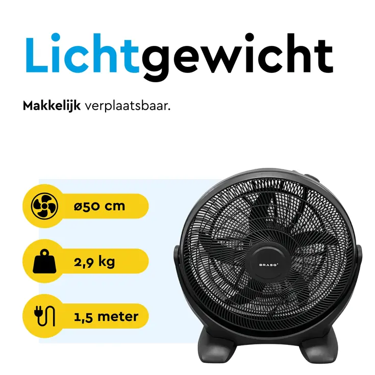 Vloerventilator 50 cm – 3 snelheden – kantelbaar