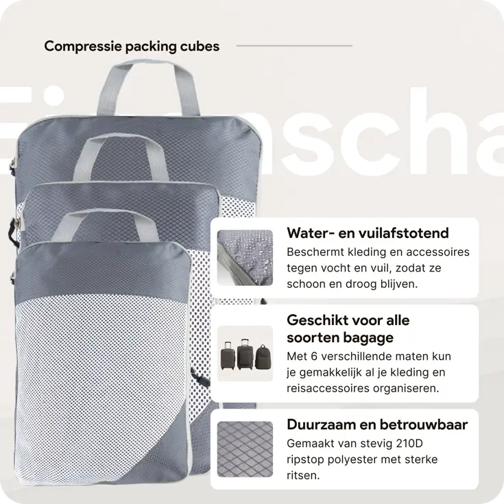 Packing cubes compressie set – 6-delig – Grijs