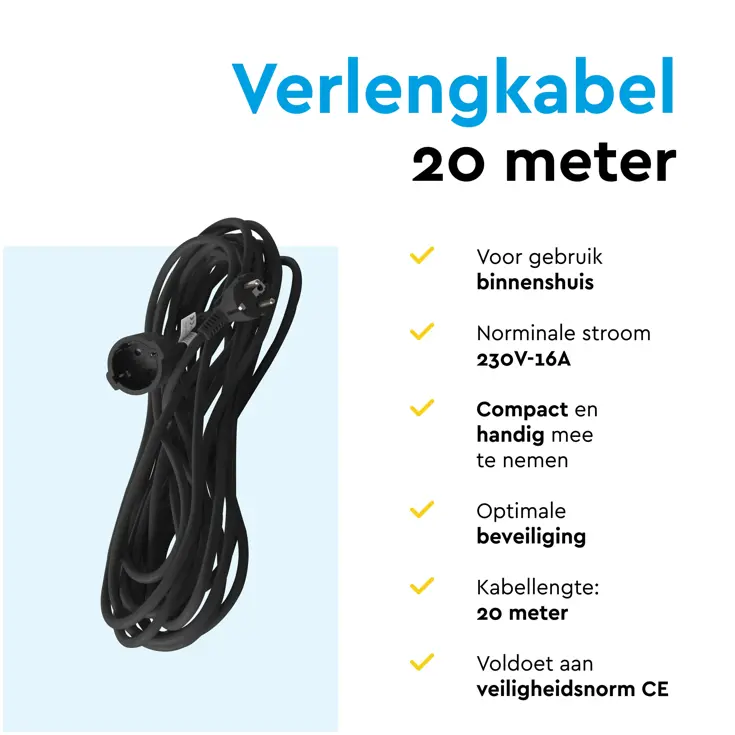 Verlengsnoer 20 m met randaarde voor binnen