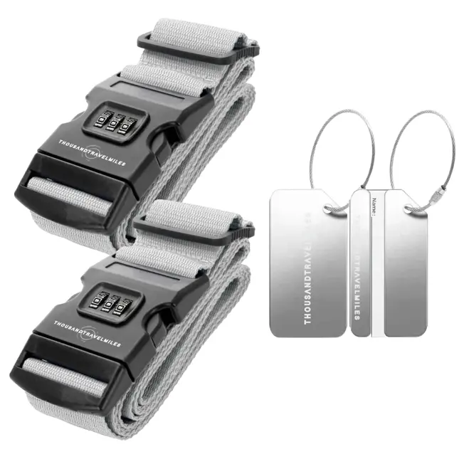 Kofferset 4-delig kofferriem + bagagelabels Zilver