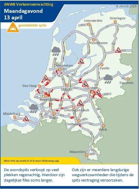Maandagmiddag/-avond een gemiddelde spits. Door regenbuien kans op langere files.