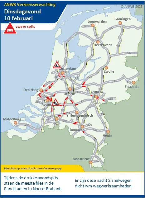 Een drukke/zware dinsdagavondspits, de meeste files staan in de Randstad en in Noord-Brabant. In de nacht enkele snelwegen dicht in verband met wegwerkzaamheden.