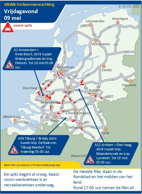 Verkeersverwachting vrijdagmiddag / -avond 9 mei: Een drukke (zware) spits. Veel woon-werk- en recreatieverkeer.