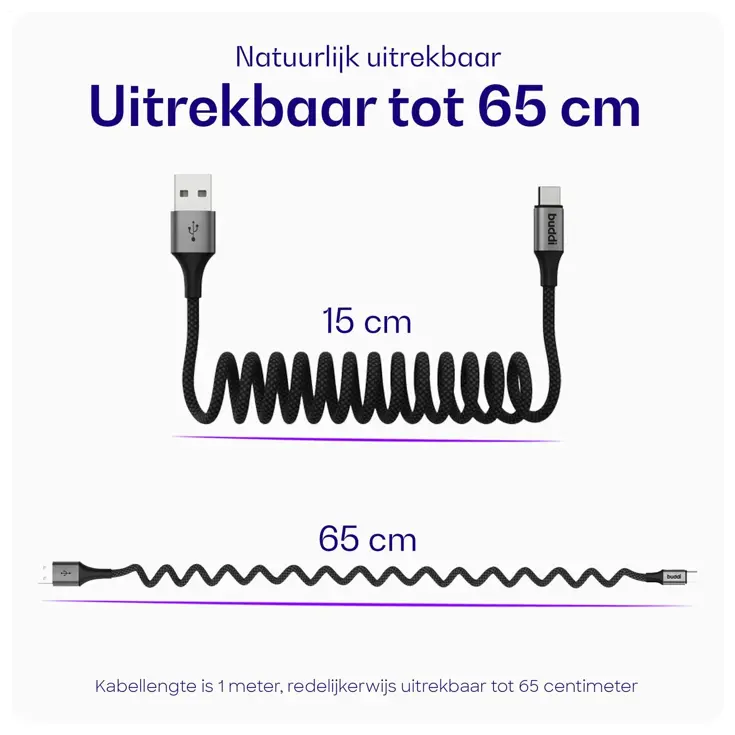 Flex USB-A naar USB-C Krulsnoer 1M Zwart