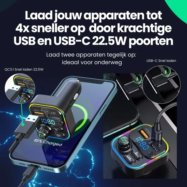 FM Transmitter - BT 5.3 - USB-C 22,5W
