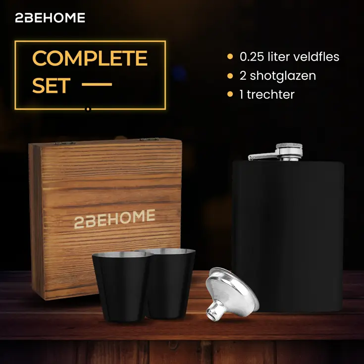 Heupfles met opbergdoos en shotglazen