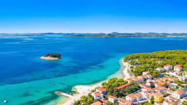 Small Adriatic town of Pakostane, aerial view, Dalmatia, Croatia, seascape view from drone