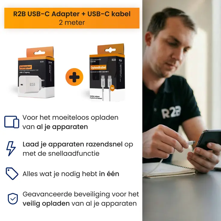 USB-C Kabel 2 meter met USB-C Adapter