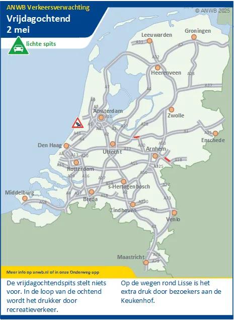 Verkeersverwachting vrijdagochtend 2 mei: Een lichte spits. Files door woon-werk- en recreatieverkeer.