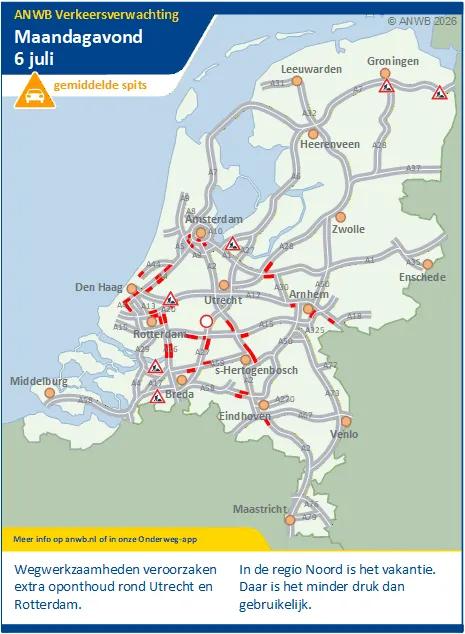 Maandagavond veroorzaken wegwerkzaamheden extra oponthoud rond Utrecht en Rotterdam.