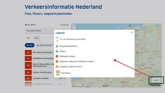 Schermafbeelding (screenshot) van ANWB verkeerskaart met legenda pop-up geopend.