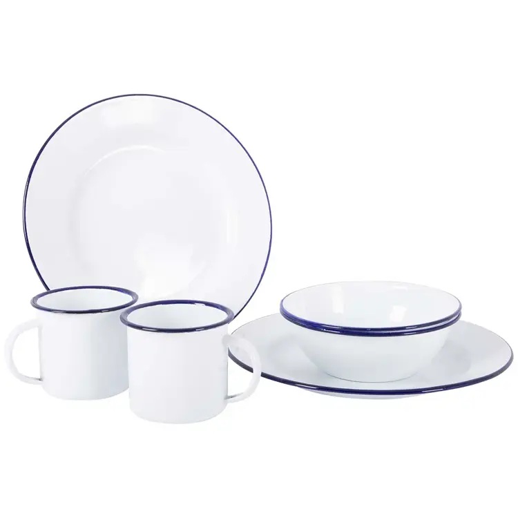 Servies Emaille 6 Stuks Wit/Blauw