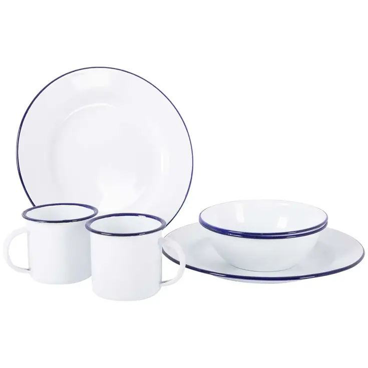 Bo-Camp Servies Emaille 6 Stuks Wit/Blauw