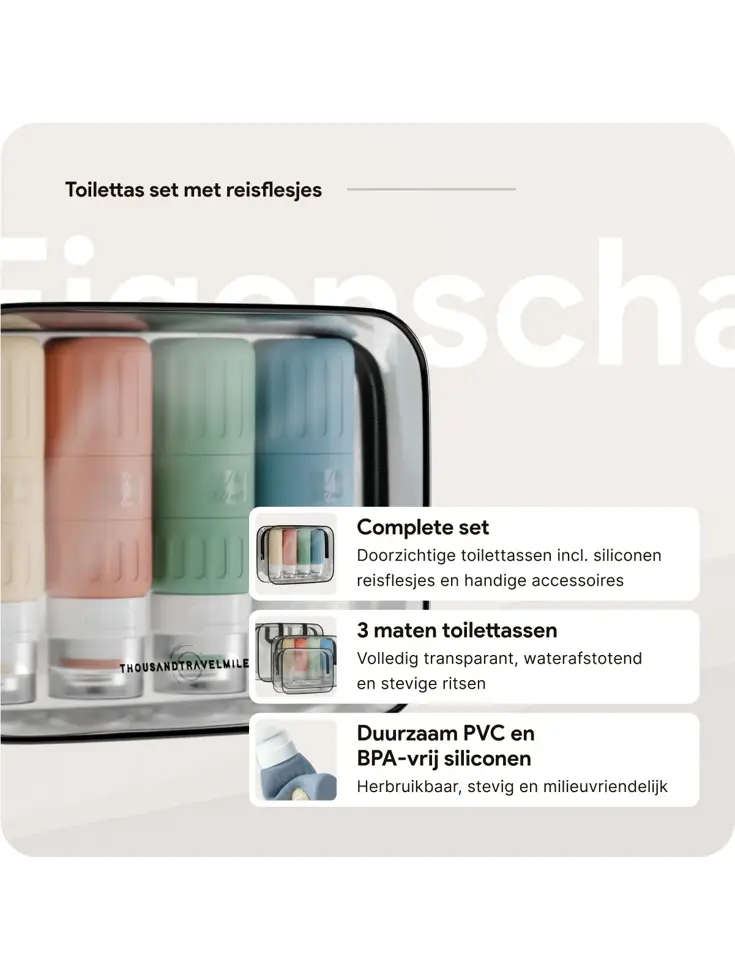 Reisflesjes en Toilettassen –14 delig- Pastel