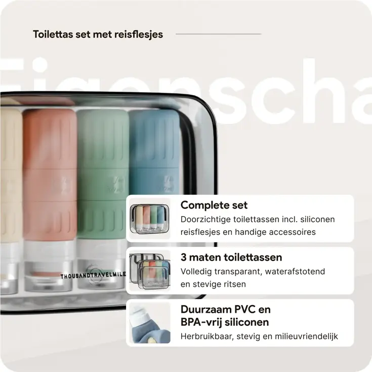 Reisflesjes en Toilettassen –14 delig- Pastel