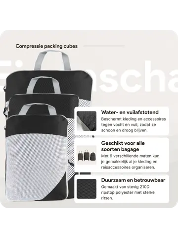 Packing cubes compressie set – 6-delig – Zwart
