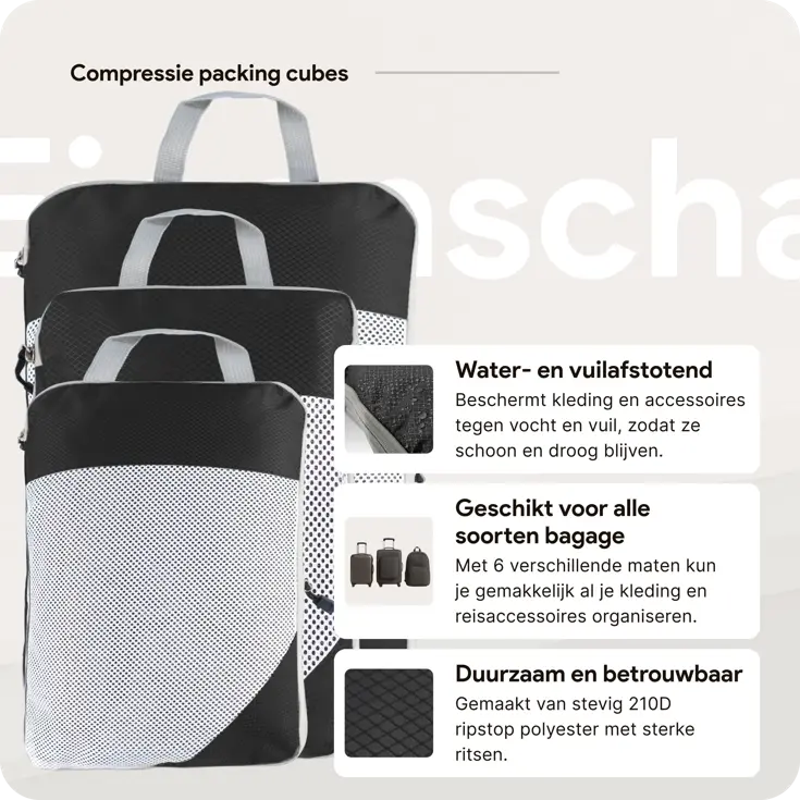 Packing cubes compressie set – 6-delig – Zwart