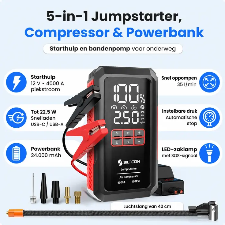 5-in-1 starthulp & bandenpomp - 4000A / 10,8 bar