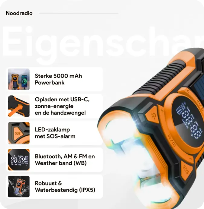 Noodradio met solar dynamo Bluetooth en powerbank