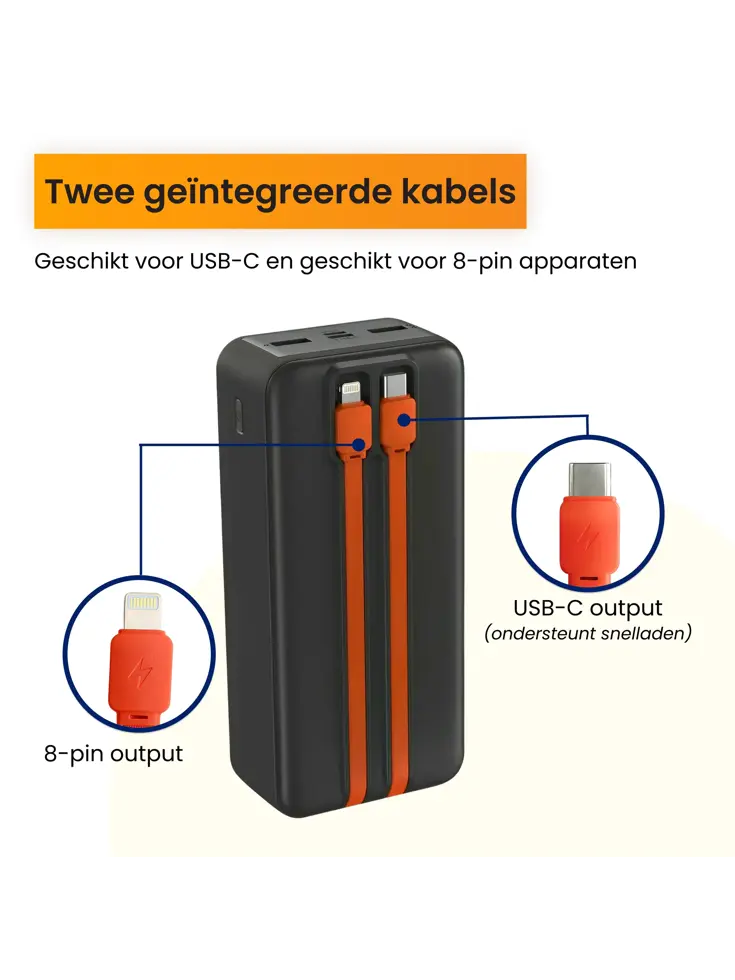 Powerbank 30000 mAh met Ingebouwde Kabels