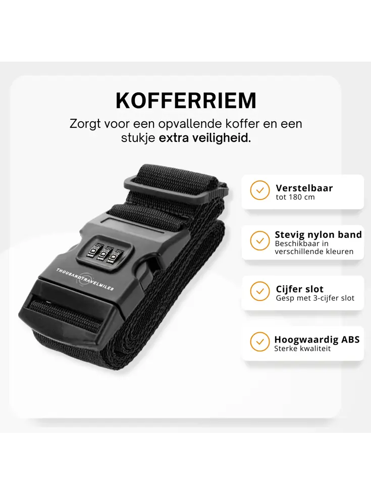 Kofferriem met cijferslot 180 cm – Zwart