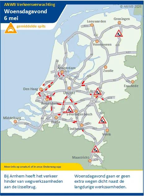 Woensdagmiddag/-avond een gemiddelde spits. Werkzaamheden kunnen vertraging geven.