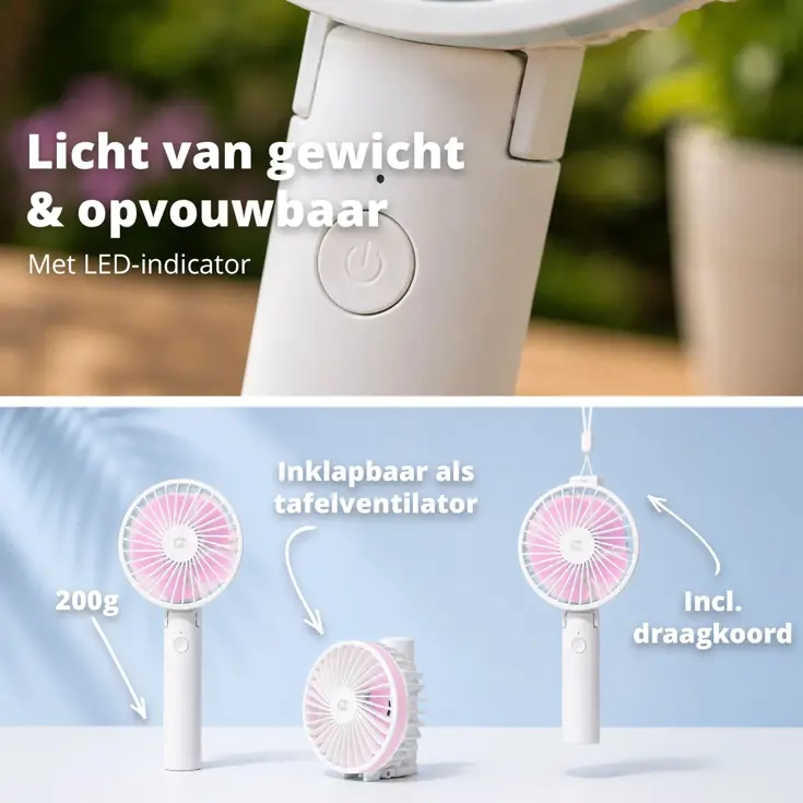 Oplaadbare Handventilator - Wit/Roze