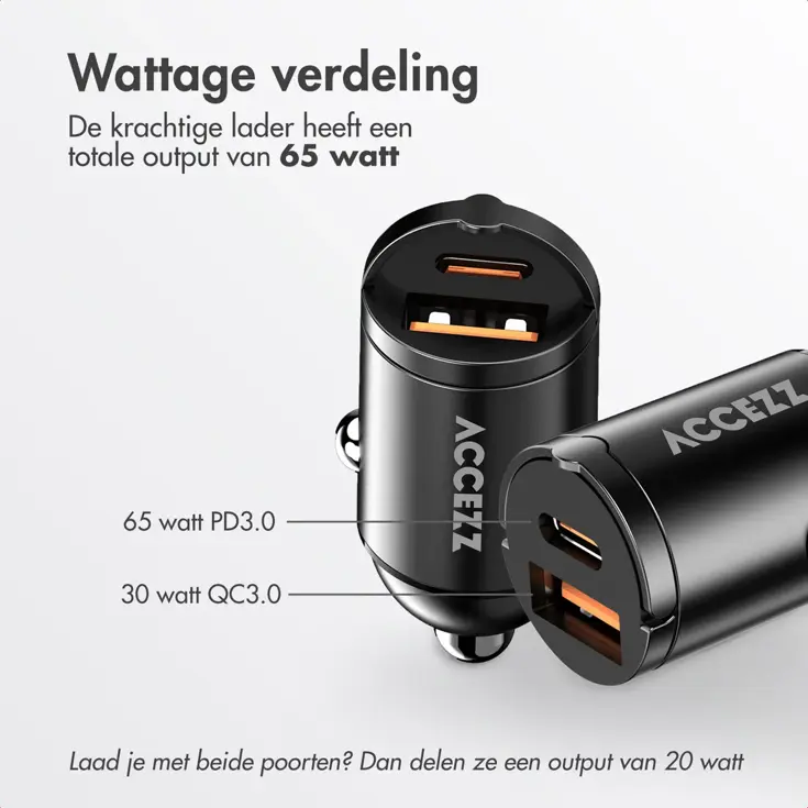 Autolader - 1x USB-C & 1x USB - 65W