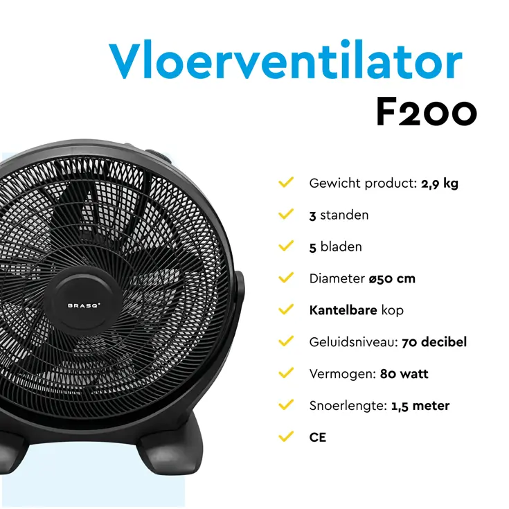 Vloerventilator 50 cm – 3 snelheden – kantelbaar
