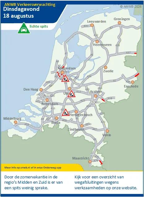 Dinsdagmiddag/-avond een lichte spits. Het is nog zomervakantie in de regio's Midden en Zuid.
