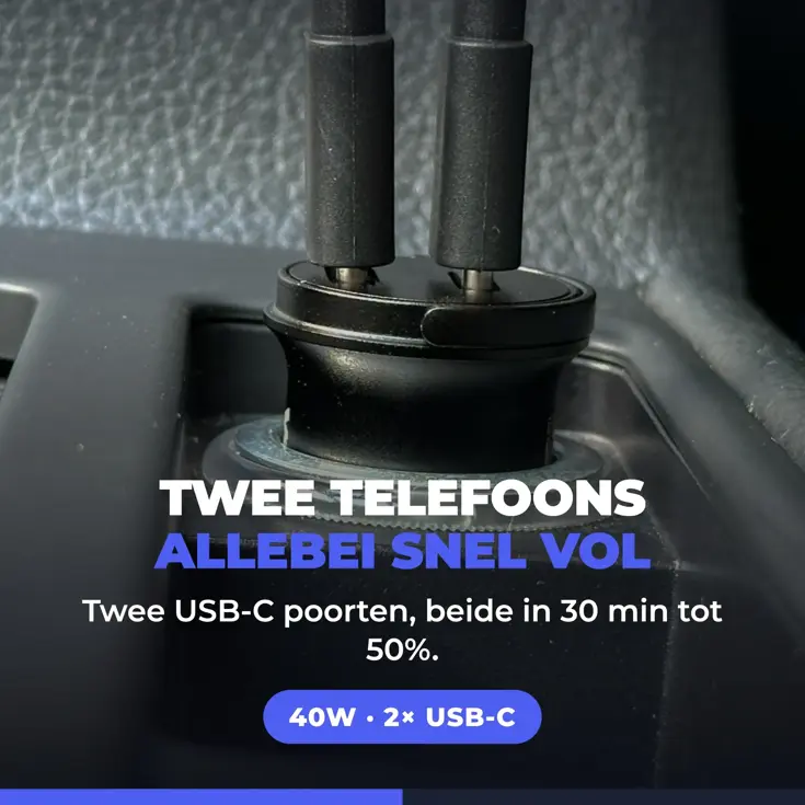40W Autolader 2 USB-C - Oplader Auto 12/24V