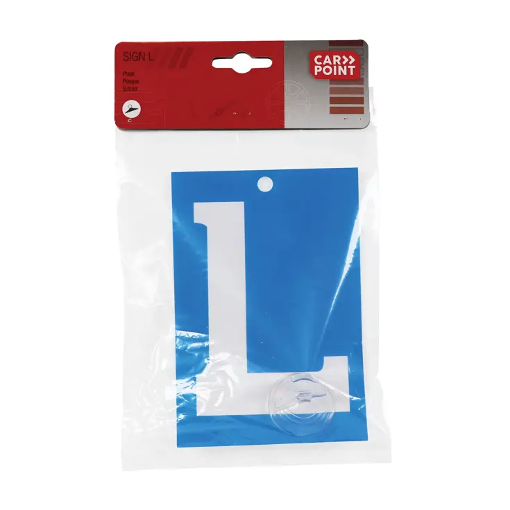 Blauw bordje met witte L voor lesvoertuigen