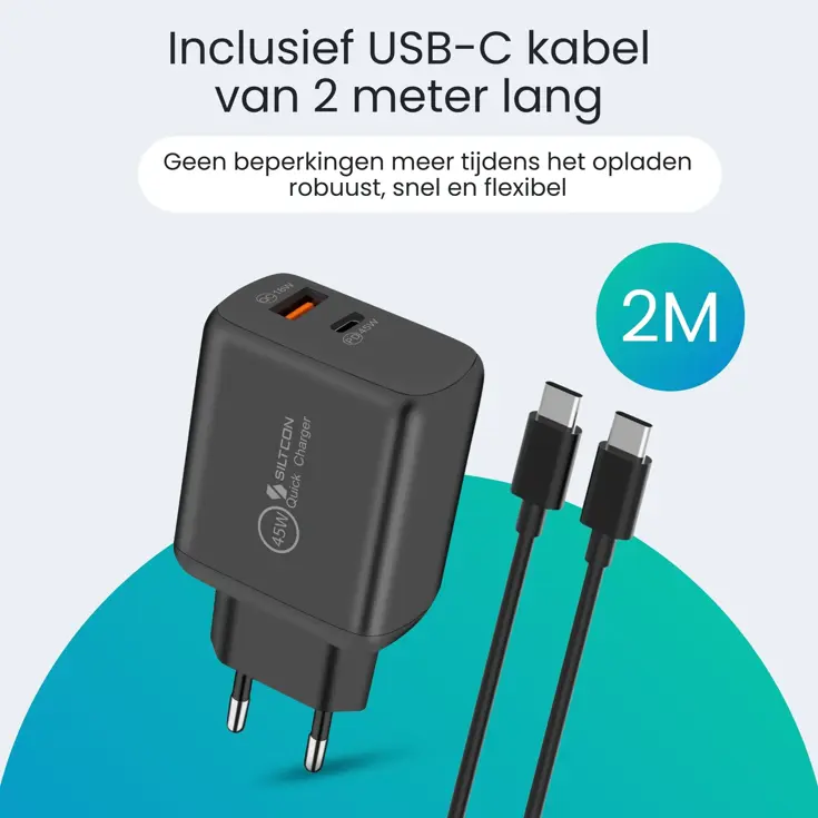 USB-C Snellader - 45W + USB-A 18W - 2m