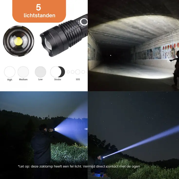 Zaklamp LED 3000 lumen oplaadbaar met USB-C