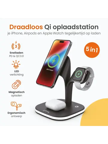 Draadloos Qi Oplaadstation 5-in-1 - 15W Snellader