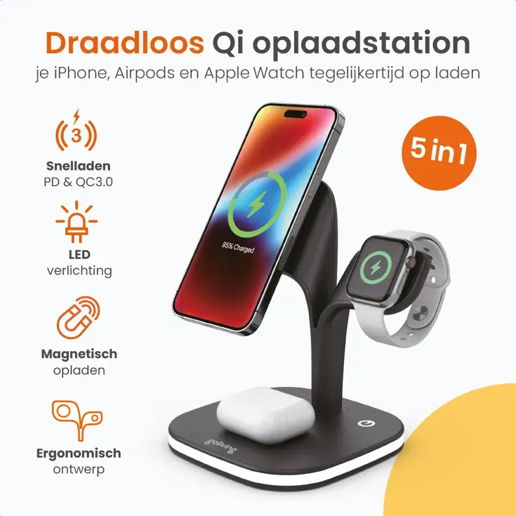 Draadloos Qi Oplaadstation 5-in-1 - 15W Snellader