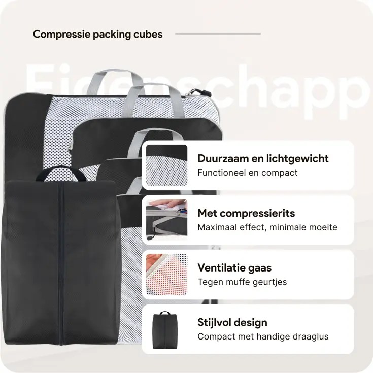 Packing cubes compressie set – 6-delig – Zwart