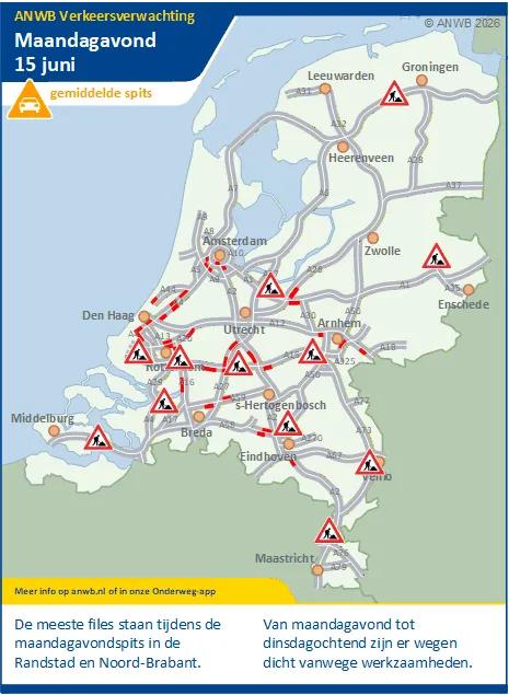 Gemiddelde avondspits. Meeste files in de Randstad en Brabant. Van maandagavond tot dinsdagochtend wegen dicht vanwege werkzaamheden.