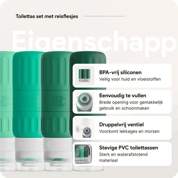 Reisflesjes en Toilettassen –14 delig- Groen