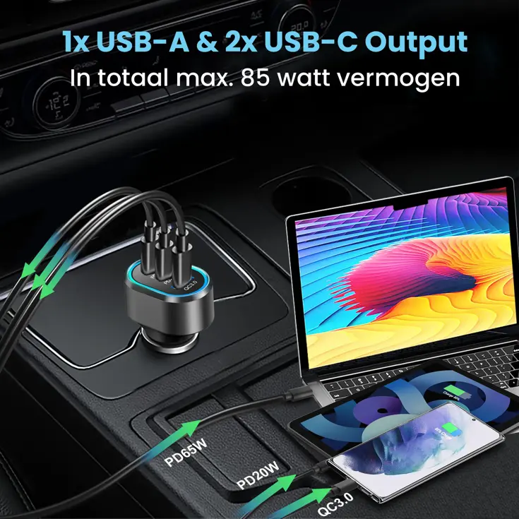 103W Autolader Snellader met 3 USB Poorten