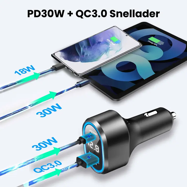 48W Autolader USB-C LED Spanningsmeter 12V