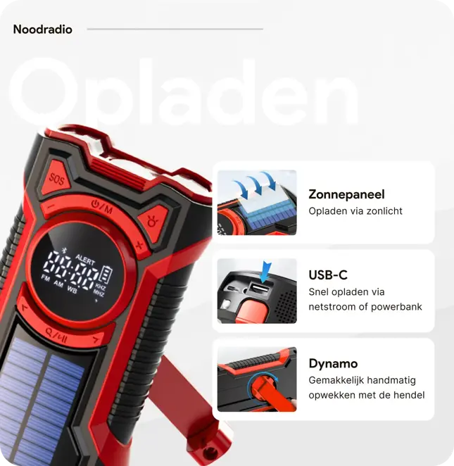 Noodradio met solar dynamo Bluetooth en powerbank