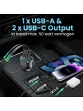 68W Autolader 2x USB-C 1x USB-A Snellader