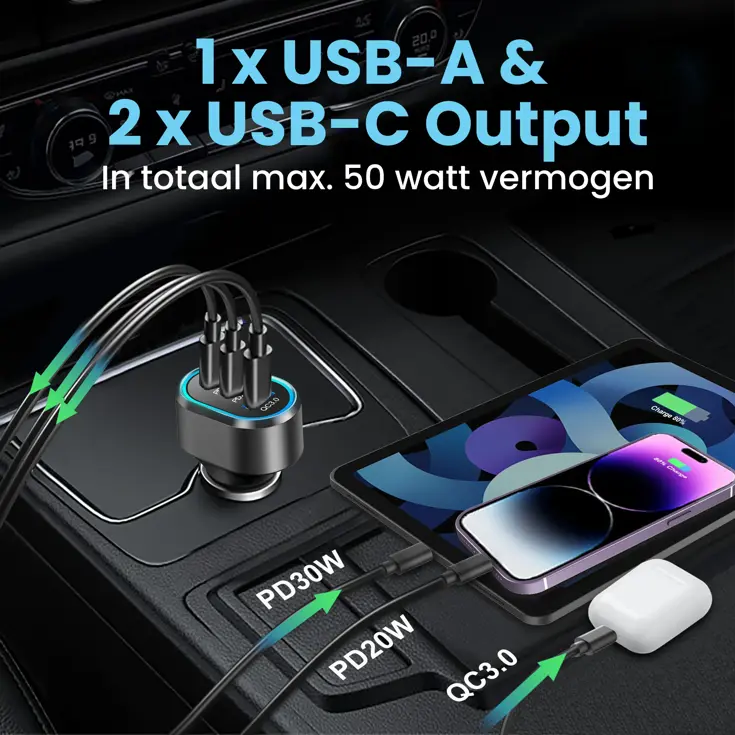 68W Autolader 2x USB-C 1x USB-A Snellader